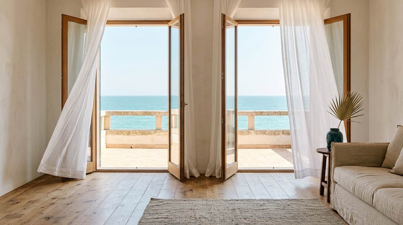 Tall open doors with sheer curtains opening onto a wide calm sea view