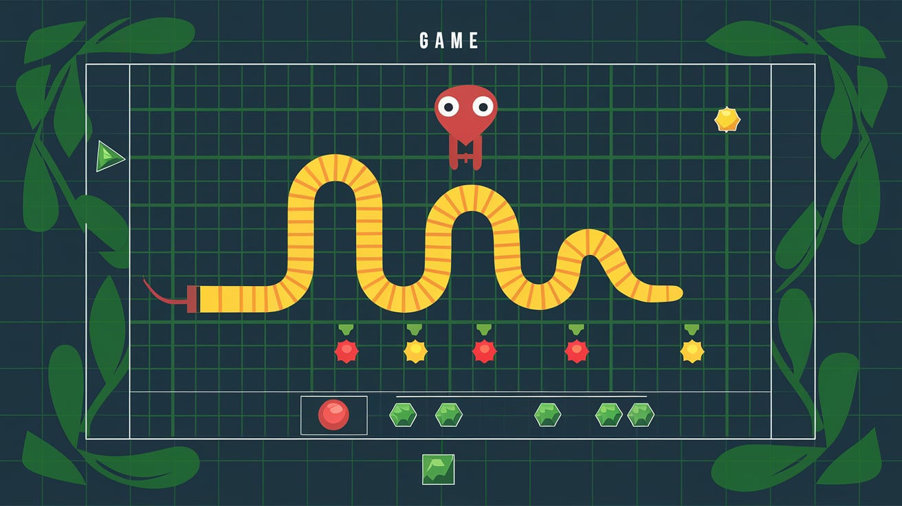 a video game screen with a snake and colorful objects