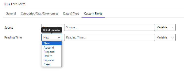 select operator to reading time field in filter form section