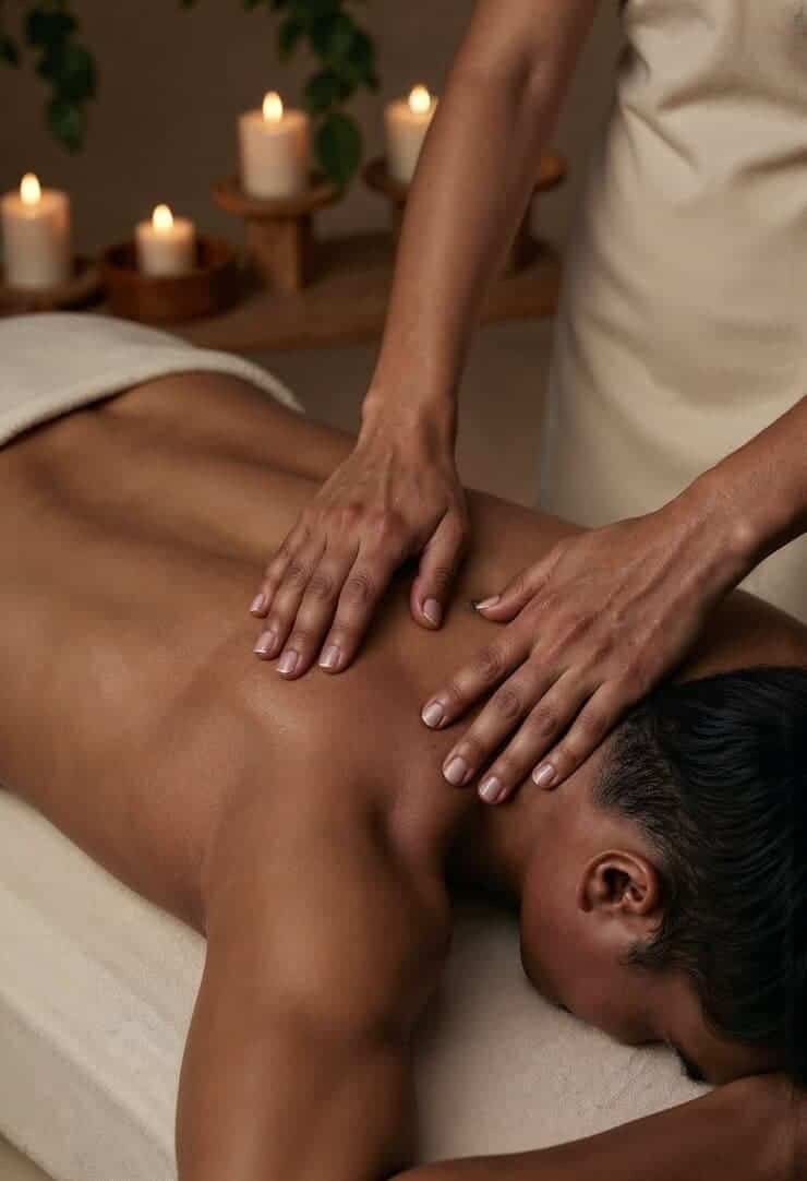 Person receiving relaxing back massage in candlelit spa