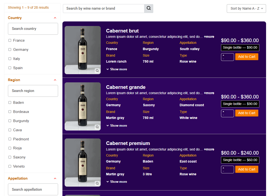 Foods product table layout