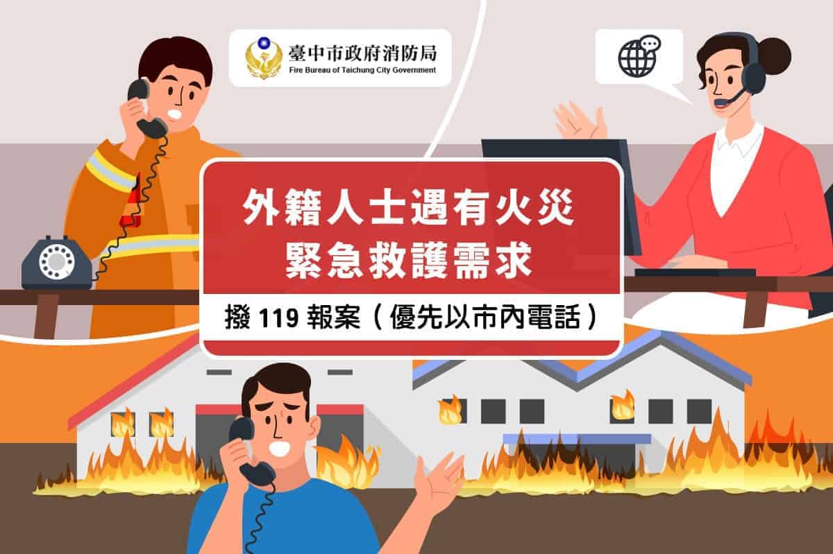 移工宣導|外籍人士報案 印、越、菲、泰語也能通中市消防局宣導圖卡 可透過第三方翻譯 移工宣導|外籍人士報案 印、越、菲、泰語也能通中市消防局宣導圖卡 可透過第三方翻譯示意圖