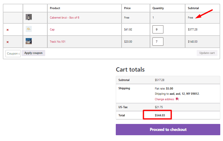 Result on cart page for auto added free gift in cart