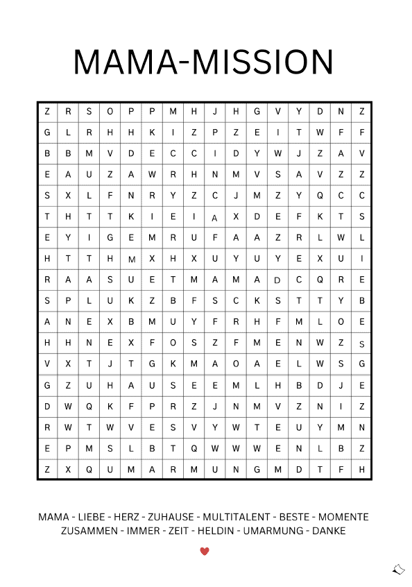 Schöne Geschenkidee für Mütter: Das Suchsel "MAMA MISSION" zum Ausdrucken