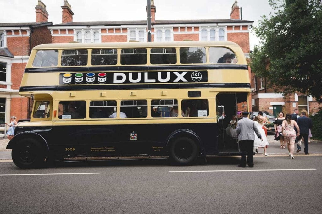 vintage double decker bus outside the Blue Piano wedding venue in Harbourne, Birmingham