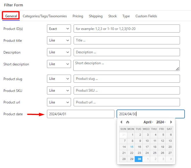 filter product date field in general tab