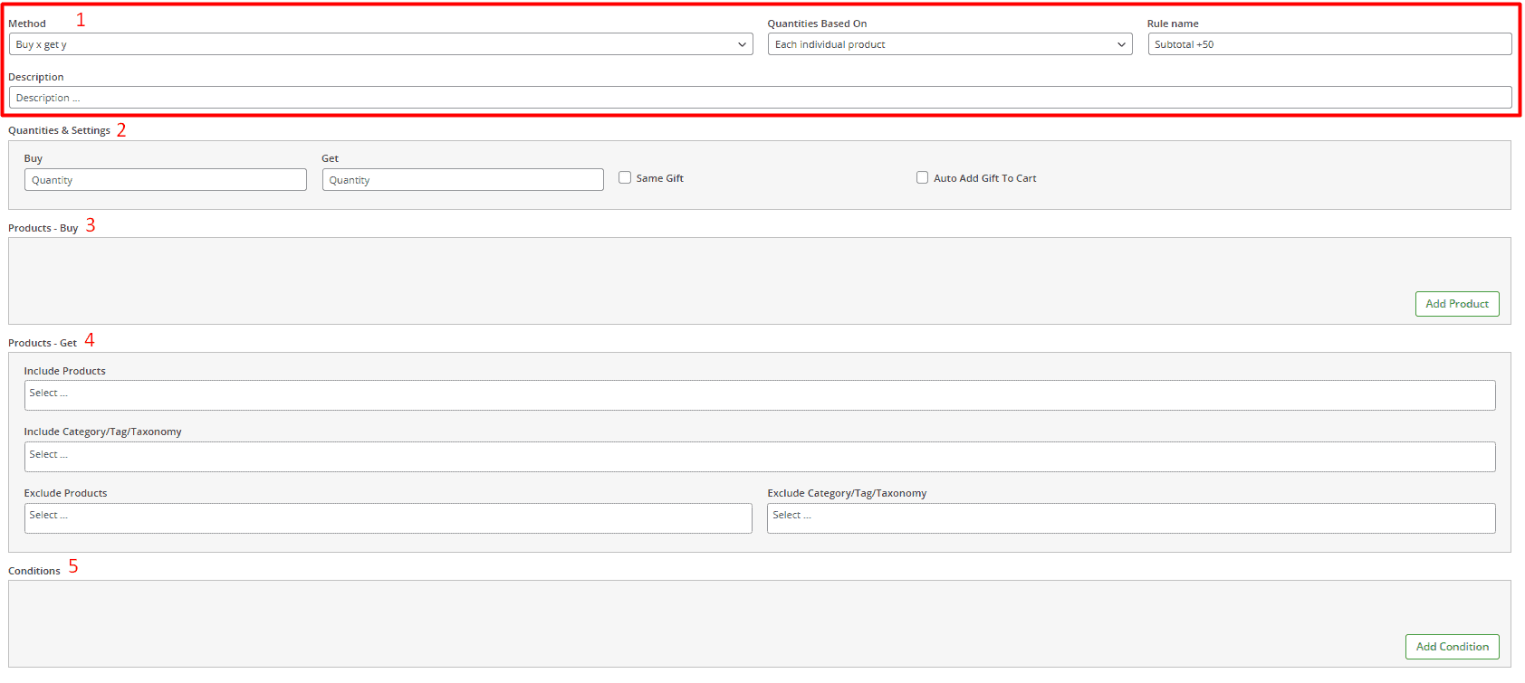 show add free gift rule form in WooCommerce free gifts plugin