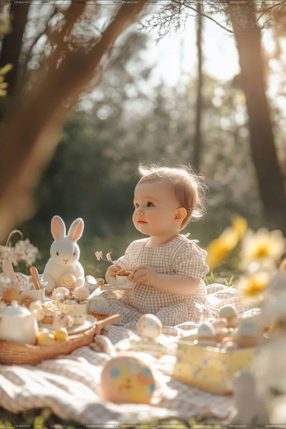 Baby having a picnic in the woods