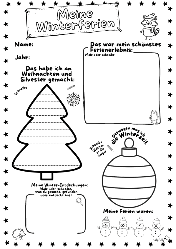 Winterferien Rückblick zum Ausdrucken und Ausfüllen für Grundschule und Kinder