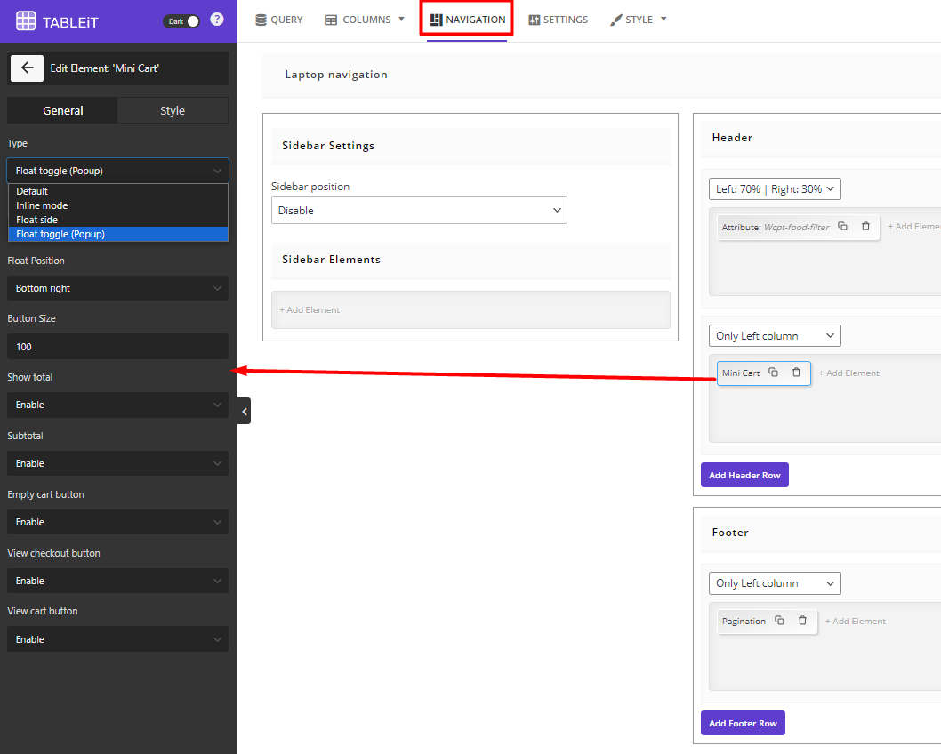 customizations mini cart in navigation tab