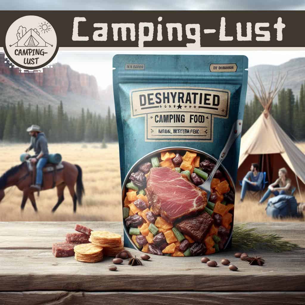 Ein Bild von verschiedenen Tüten und Verpackungen mit Camping-Trockennahrung, die auf einem Holztisch arrangiert sind.