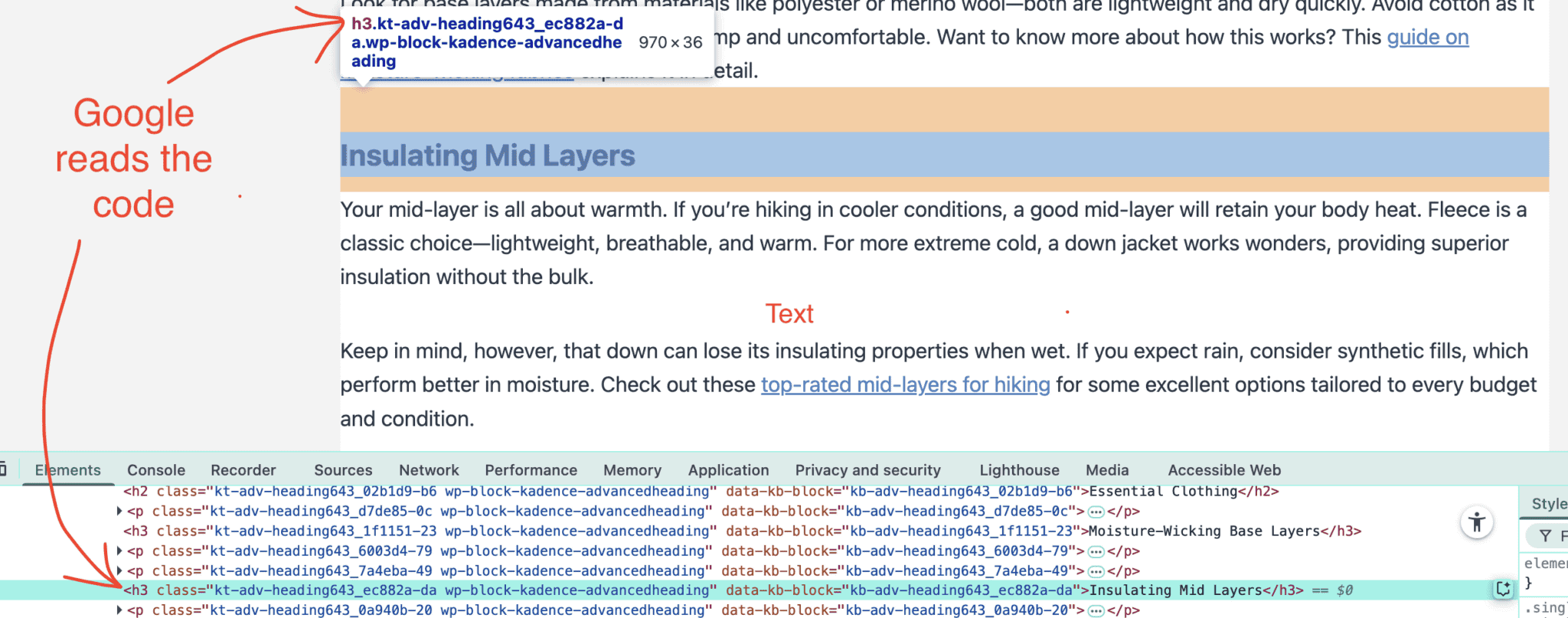 Blog Post Structure: How to Use Headings and Subheadings for SEO and Readability 4 screenshot of a page inspector