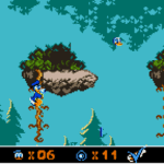 Trop chouette d'héros de jeux vidéo avec des oiseaux dans une forêt colorée.