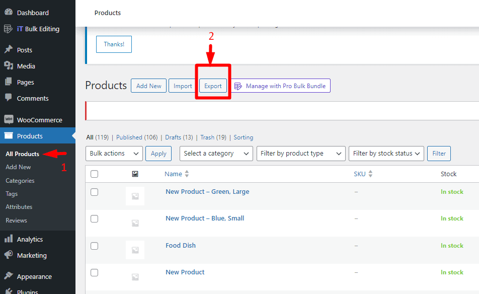 Export WooCommerce product from product list