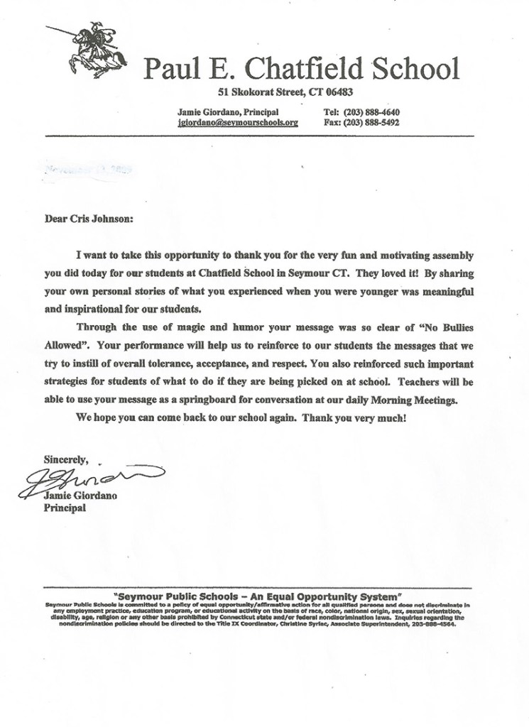 testimonial letter for primary elementary and middle school assembly performer Cris Johnson