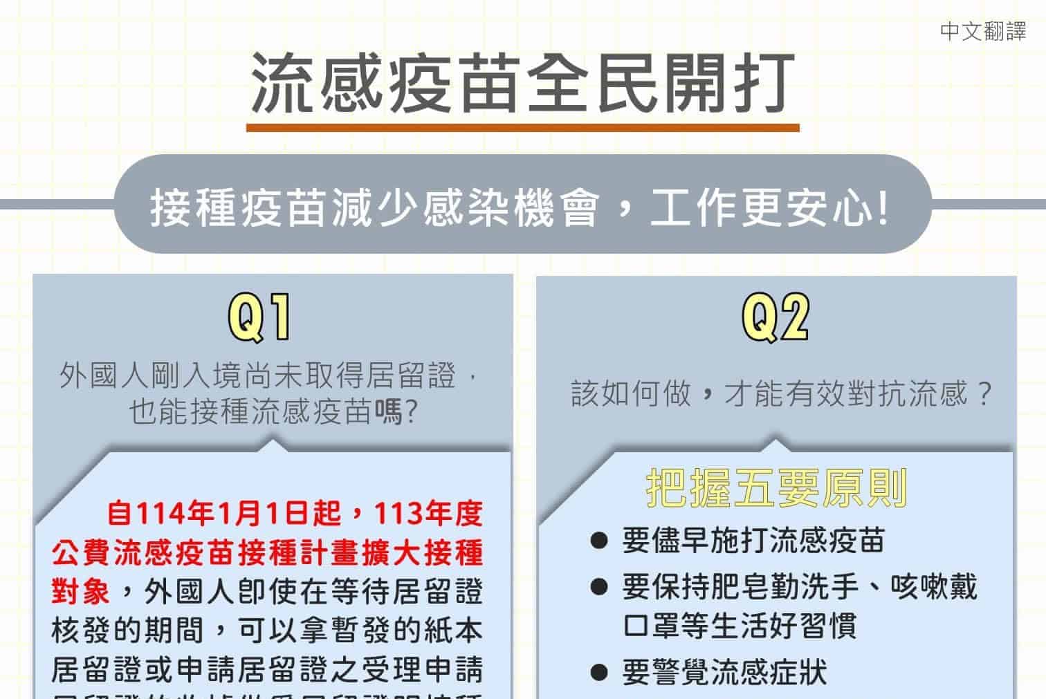 移工宣導|流感疫苗全民開打-114年1月1日起,113年度公費流感疫苗接種計畫擴大接種對象-多國語 移工宣導|流感疫苗全民開打-114年1月1日起,113年度公費流感疫苗接種計畫擴大接種對象-多國語示意圖