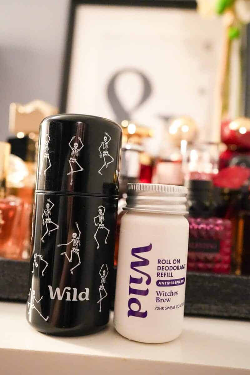 Wild Halloween skeleton deodorant case with the Witches Brew roll on antiperspirant refill