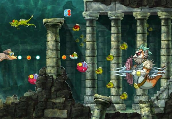 Switch-Toki2-preview Vallée sous-marine avec des ennemis marins, un plongeur avec tuba et un requin avec lunettes de plongée dans un jeu d'arcade, illustration colorée d'un jeu vidéo de type shoot'em up pour PC.
