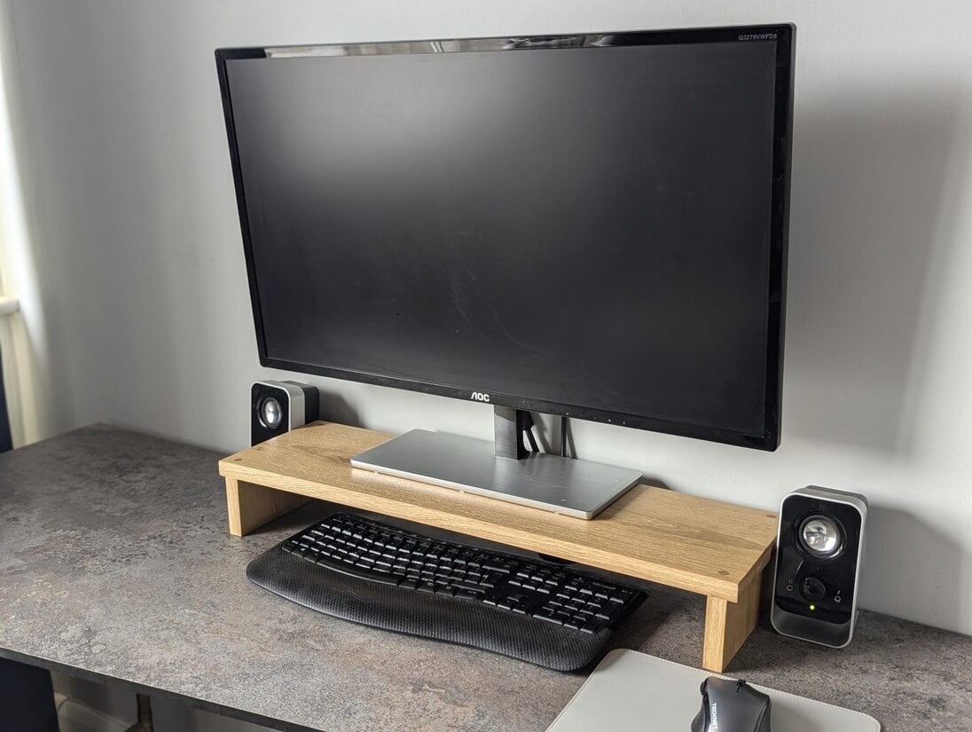 Solid Oak monitor riser with monitor and keyboard