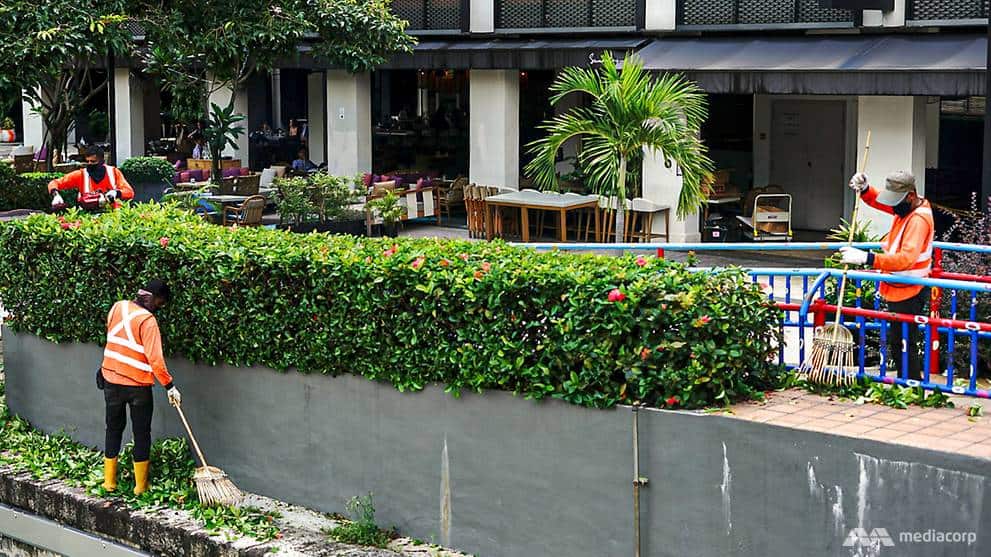 Migrant workers doing landscape work along Robertson Quay. (Photo: Rachel Phua)