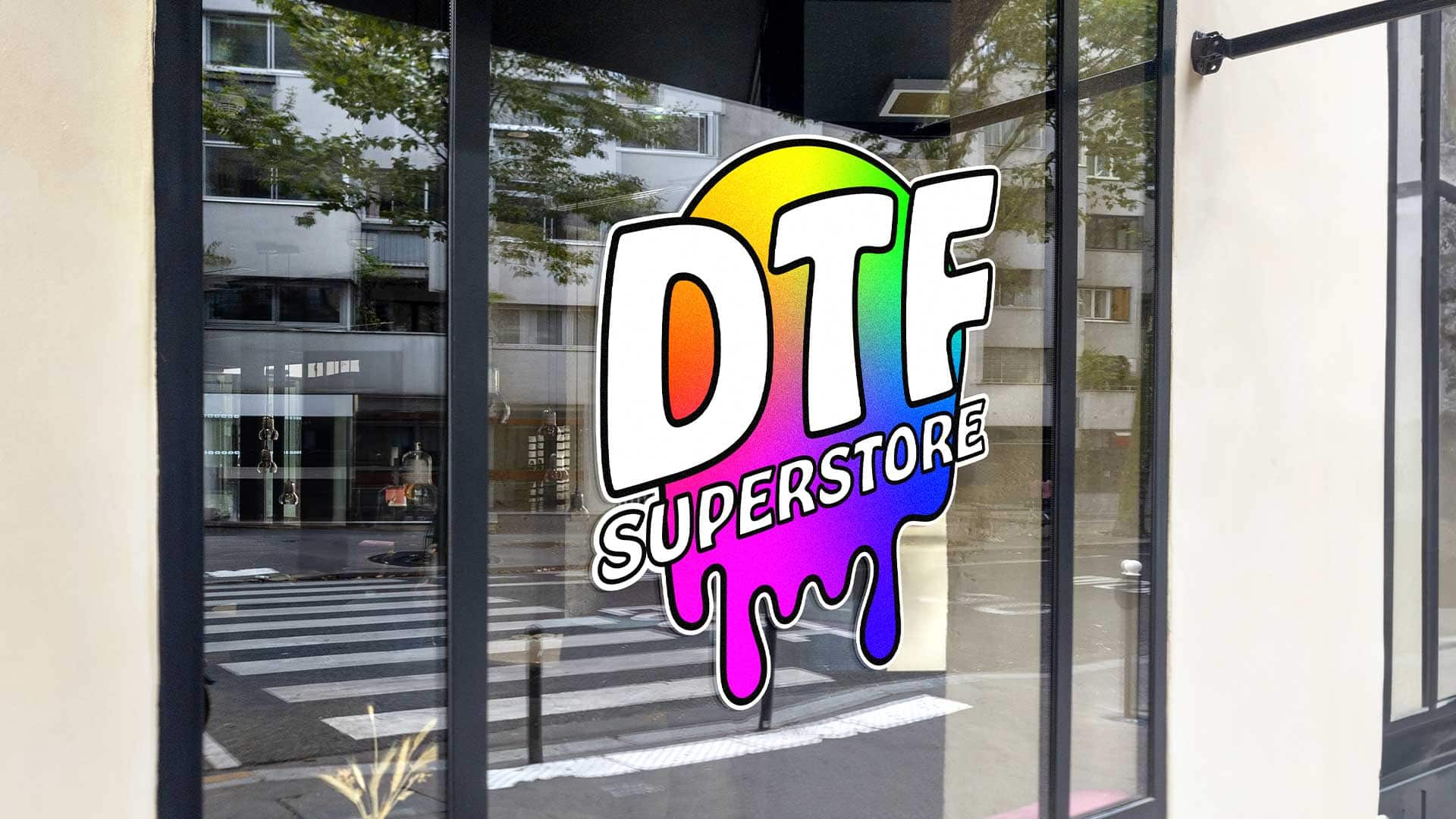DTF Superstore 1 DTF Superstore logo with a colorful gradient and dripping effect on a storefront window.
