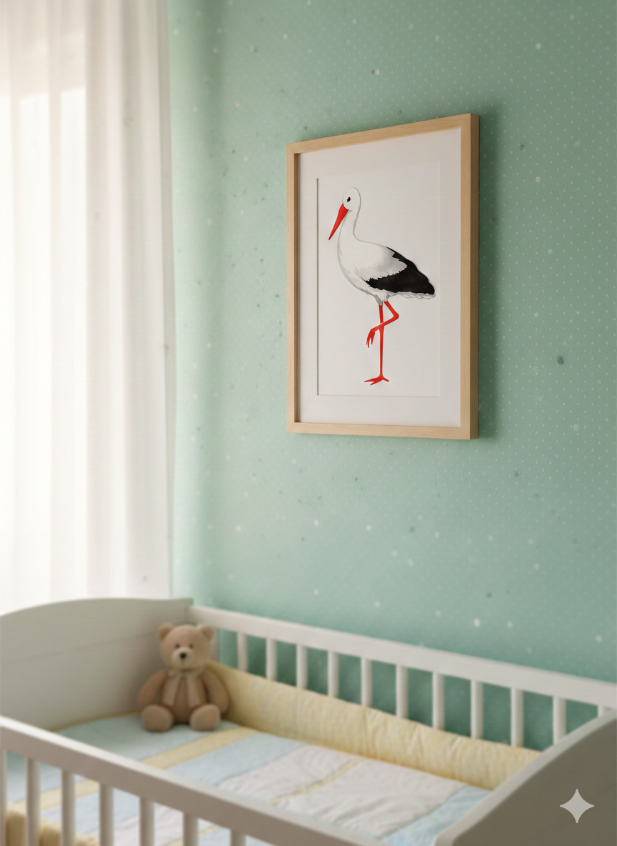 Fürs Baby- und Kinderzimmer: A4 Wandbild, hier mit Paspartout, mit Storch
