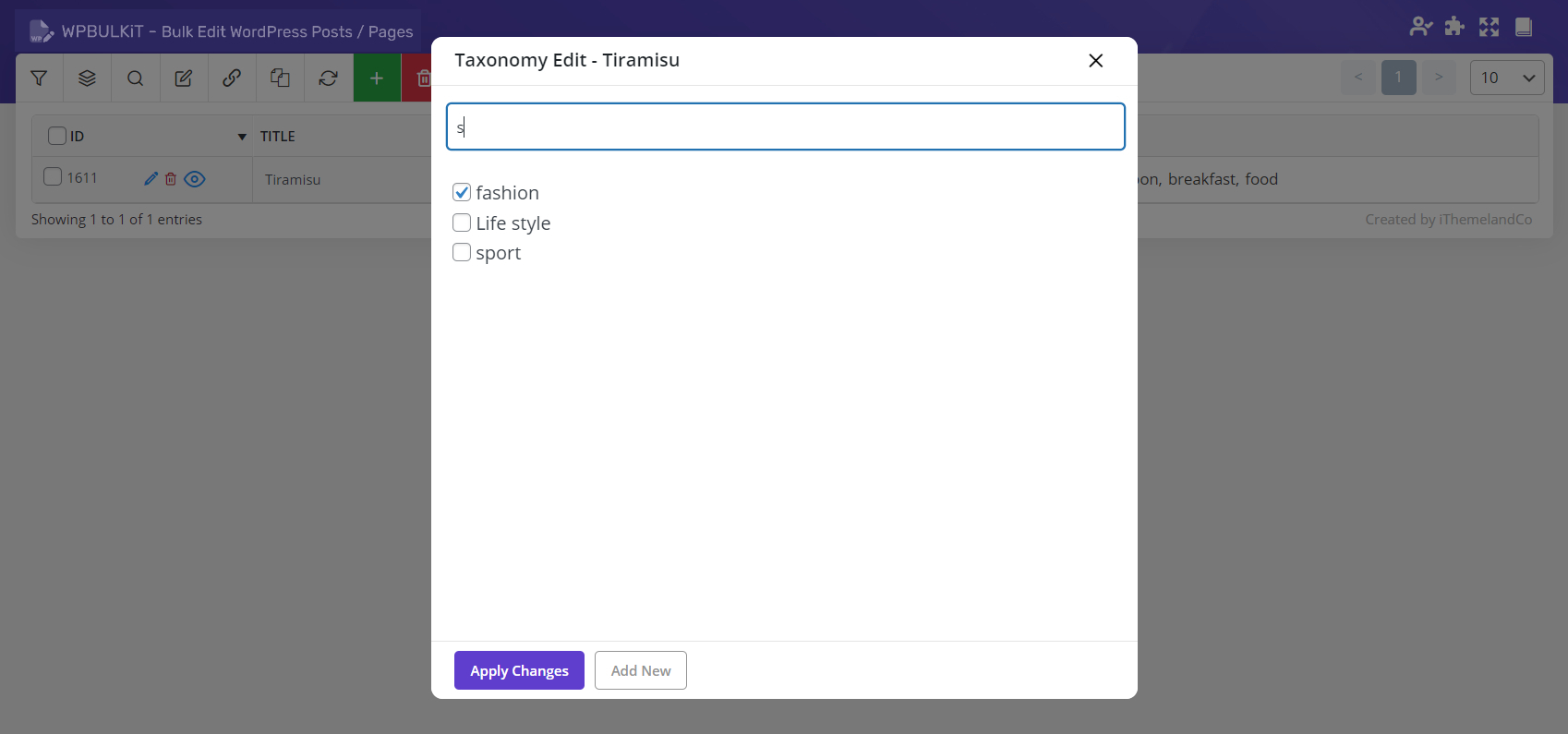 Search among the categories / tags in WordPress bulk post editing plugin