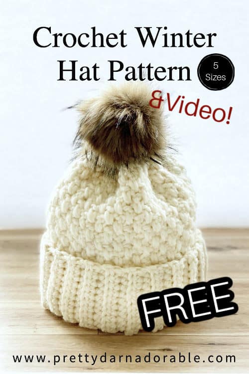 cream crochet hat made of thick yarn and a ribbed brim folded text free crochet pattern with video