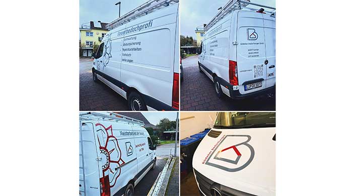 Mehrere Ansichten eines weißen Lieferwagens, der auf einer Straße und einem Parkplatz abgestellt ist, mit Firmenaufschrift an der Seite.