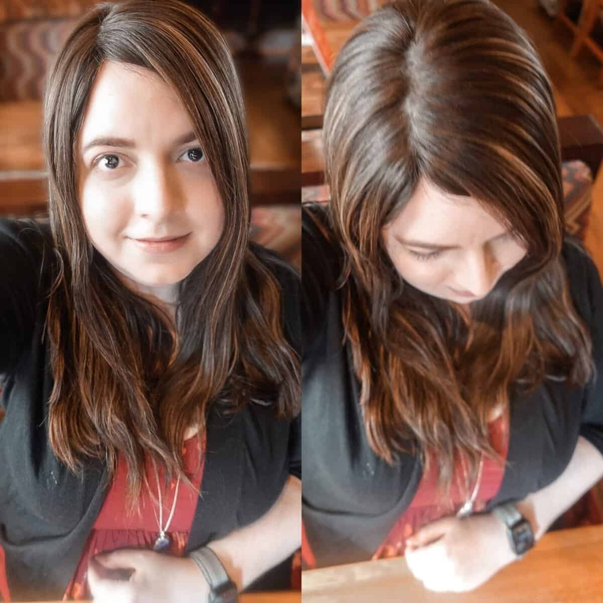 Side by side image wearing a brunette Lusta hair topper in Trust Fund Baby to cover hair loss