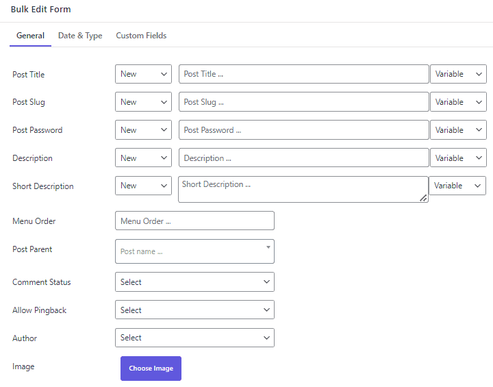 WordPress page general fields in bulk edit form