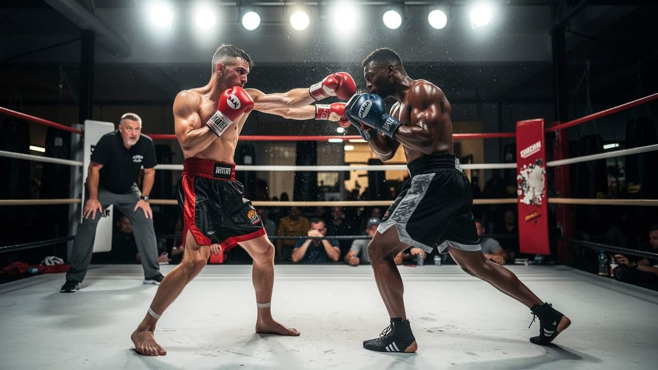 Two boxers sparring in ring sharpening coordination and reflexes