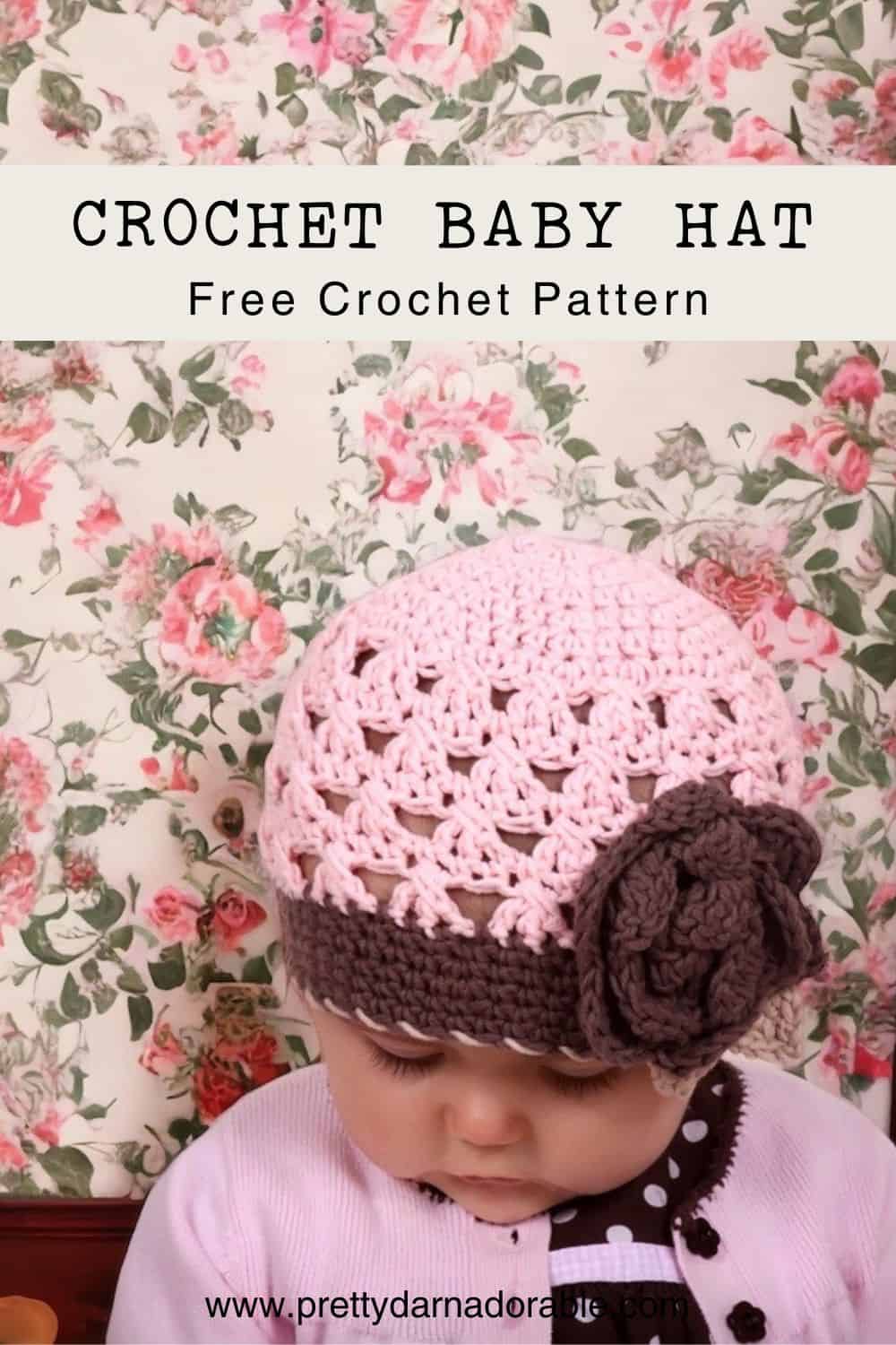 pink crochet beanie with brown trim and rose on a baby. free crochet baby hat pattern