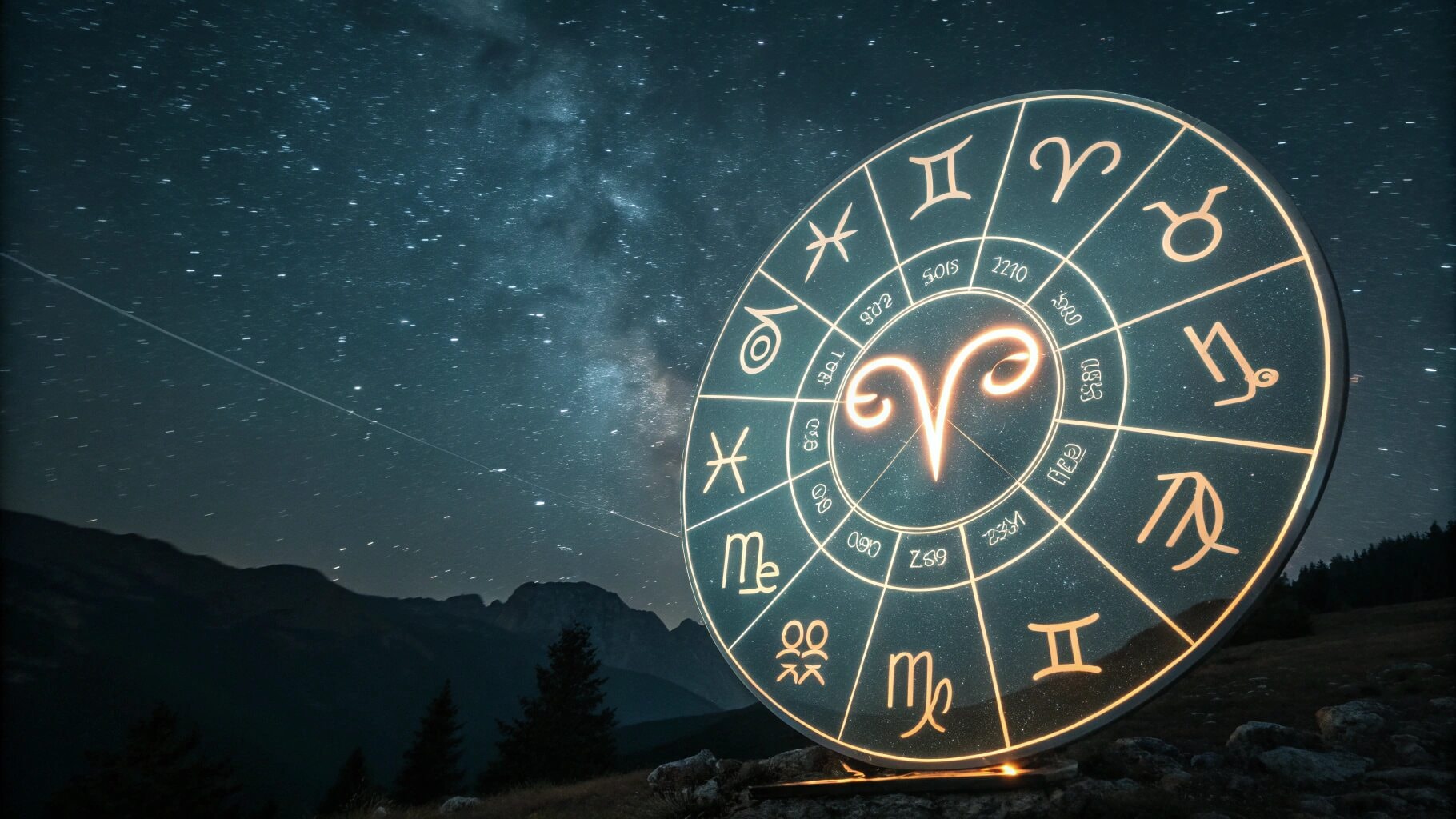 एक तारों वाले आकाश के नीचे राशि चक्र पहिया, 19 जनवरी की राशि के मकर लक्षणों का प्रतिनिधित्व करता है।