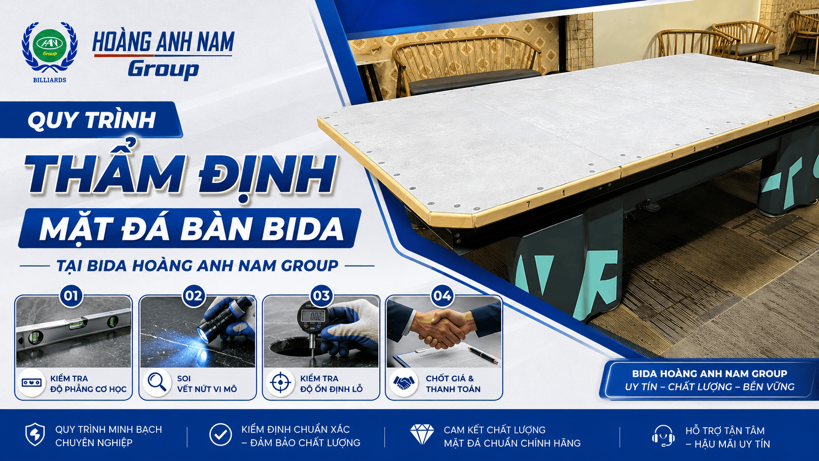 Quy trình thẩm định mặt đá bàn bida | Bida Hoàng Anh Nam Group