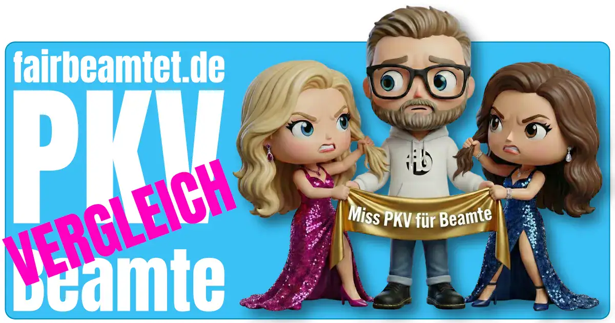 Das Maskottchen von Sven Höhne (fairbeamtet.de) steht mit zwei Modell-Maskottchen auf einem Bild. Das Maskottchen von Sven hält eine Scherpe mit der Aufschriftt "Miss PKV für Beamte" in der Mitte. Die beiden weiblichen Modell-Maskottchen zanken sich darum, wer Miss PKV für Beamte wird. Im Hintergrund ist ein blauer Kasten. In weißer Schrift steht geschrieben: PKV Vergleich für Beamte (Private Krankenversicherung Beamte Vergleich). Es ist das Titelbild/Beitragsbild für den Artikel.