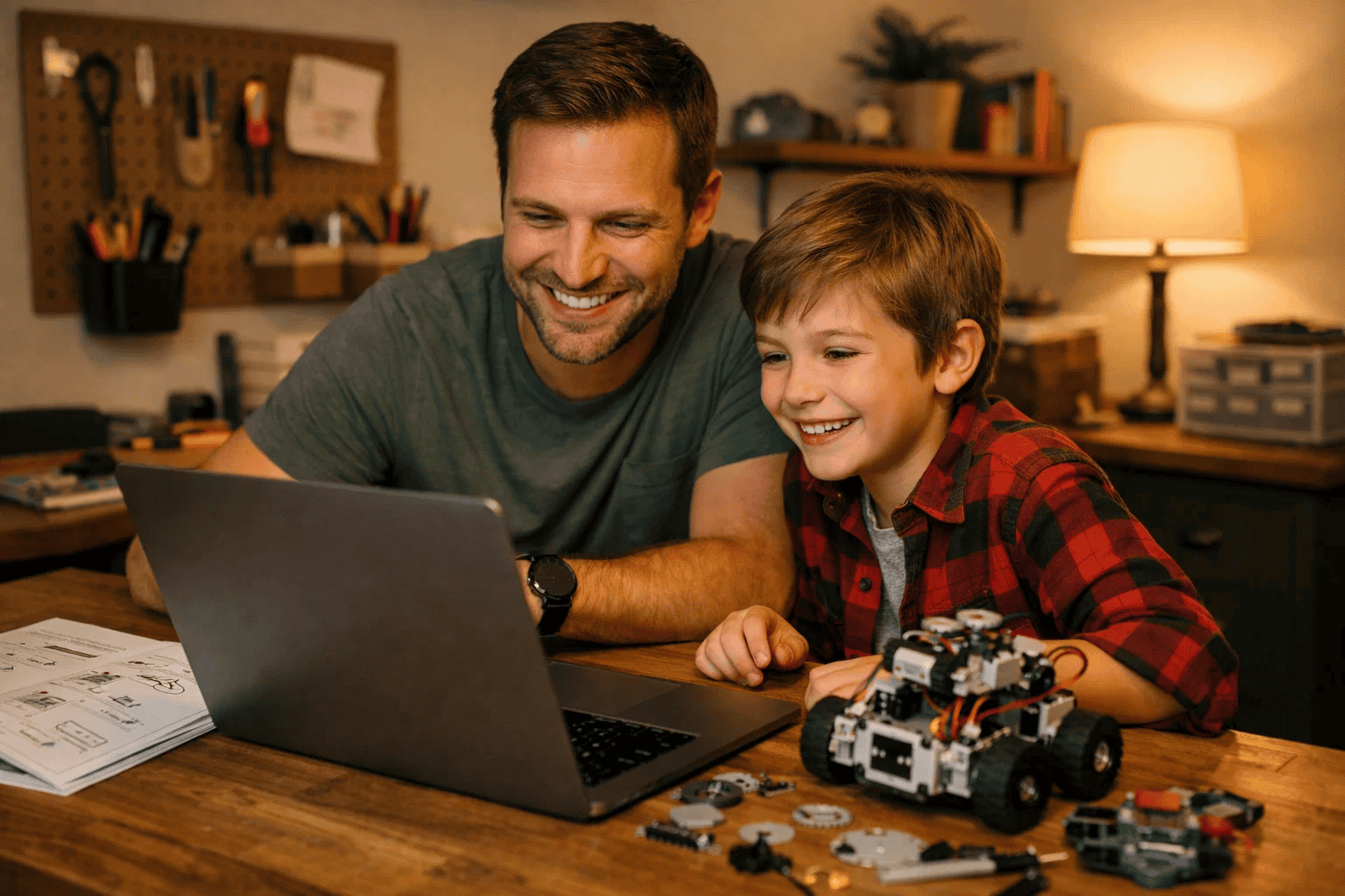 Parent and child reviewing robotics kit instructions together β guided learning at home.