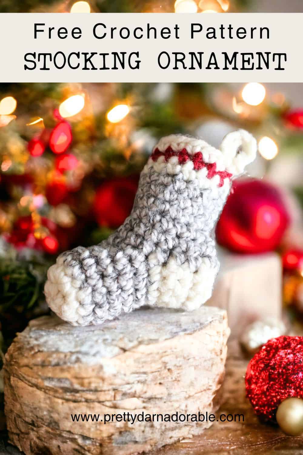 mini crochet stocking ornament in grey cream and red - sock monkey style