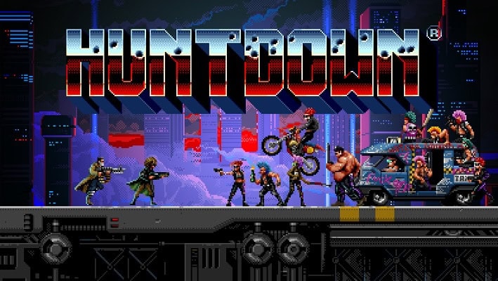 Huntdown jeu vidéo pixel art, action rétro, ambiance cyberpunk, niveau de pixelation élevé, personnages armés, scènes urbaines futuristes, styles arcade, jeux d'action et course extrême, esthétique néon, gameplay intense, plateforme de jeux rétro.