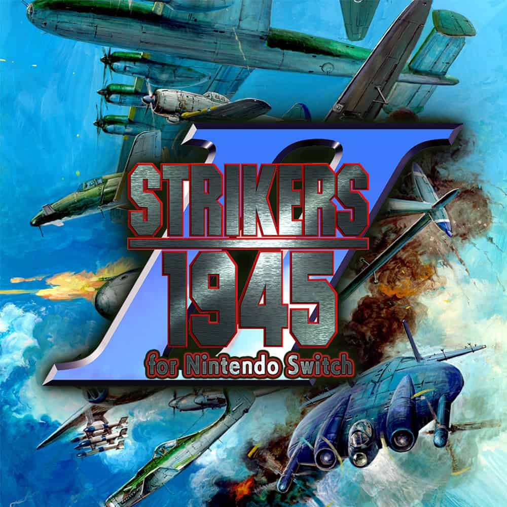 Avion de guerre de la Seconde Guerre mondiale en lutte aérienne, illustration de la vidéo jeu Strikers 1945 pour Nintendo Switch, combat intense dans un ciel de guerre.