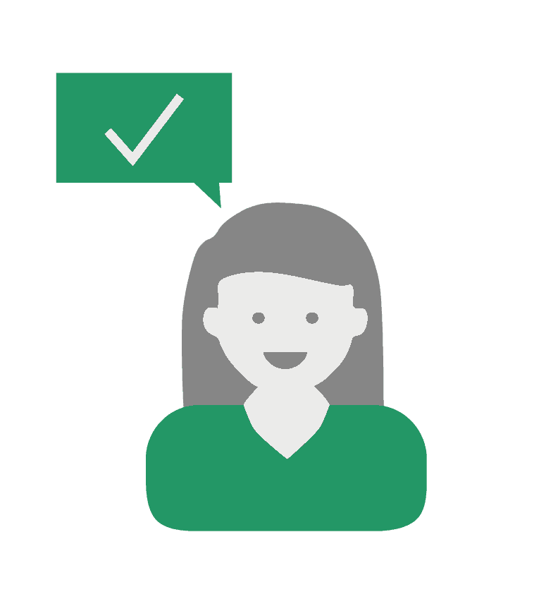 Eine Person mit gründem Oberteil, welche lächelt. Darüber befindet sich eine Sprechblase mit einem Haken darin. Die Person ist begeistert.