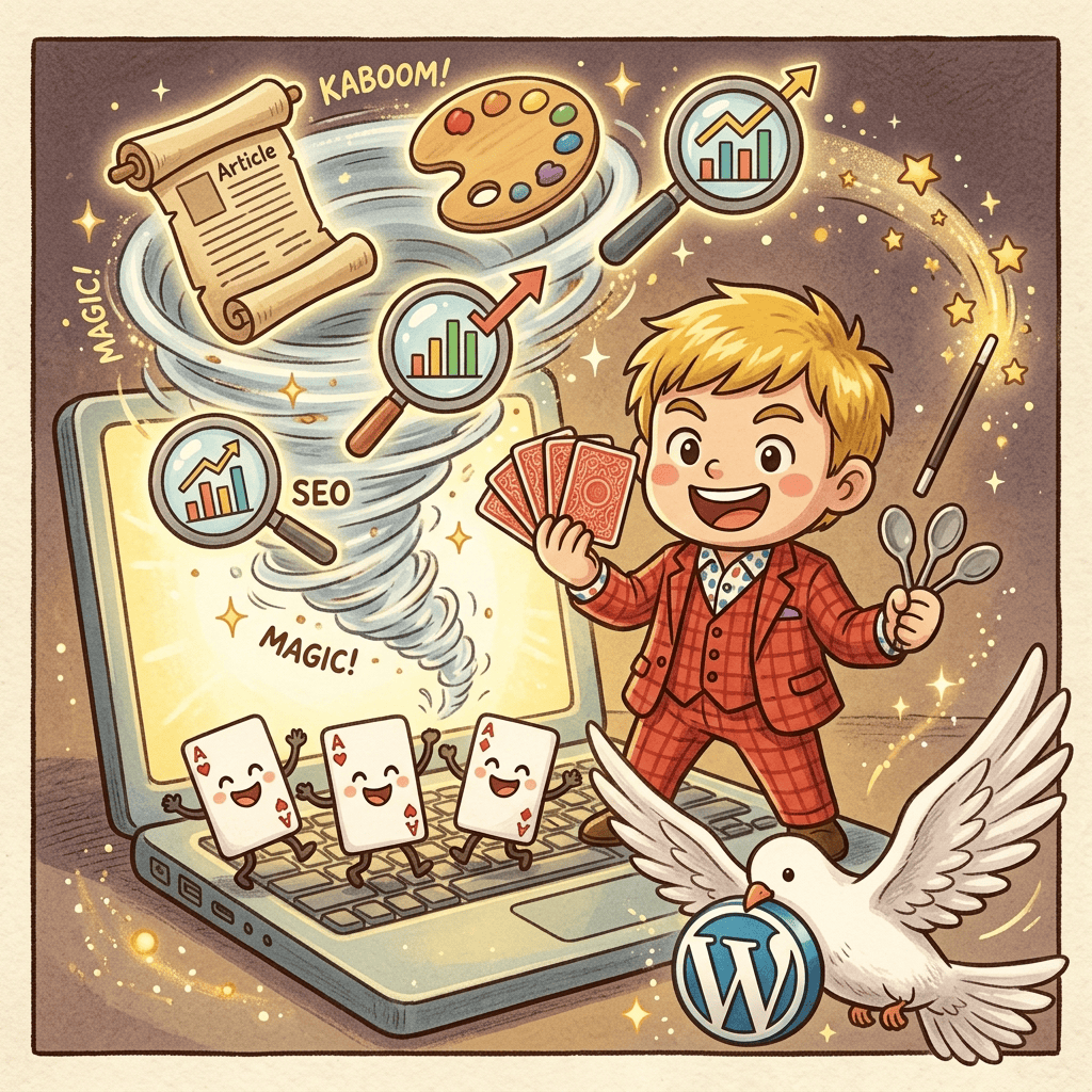 VSCode×Claude Codeで「ブログ執筆→画像生成→SEO設定→WordPress投稿」を全自動化した話。もうWordPressの管理画面を開く必要がない 1 VSCode×Claude Codeでブログ全自動化。金髪赤チェックスーツのマジシャンがノートPCの前で魔法の杖を振り、記事・イラスト・SEO・WordPressのアイコンが飛び出す。擬人化トランプがキーボードを叩き、白い鳩がWordPressロゴを運ぶチビキャラ風イラスト