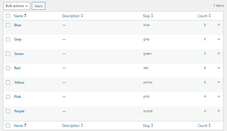 result color attribute list