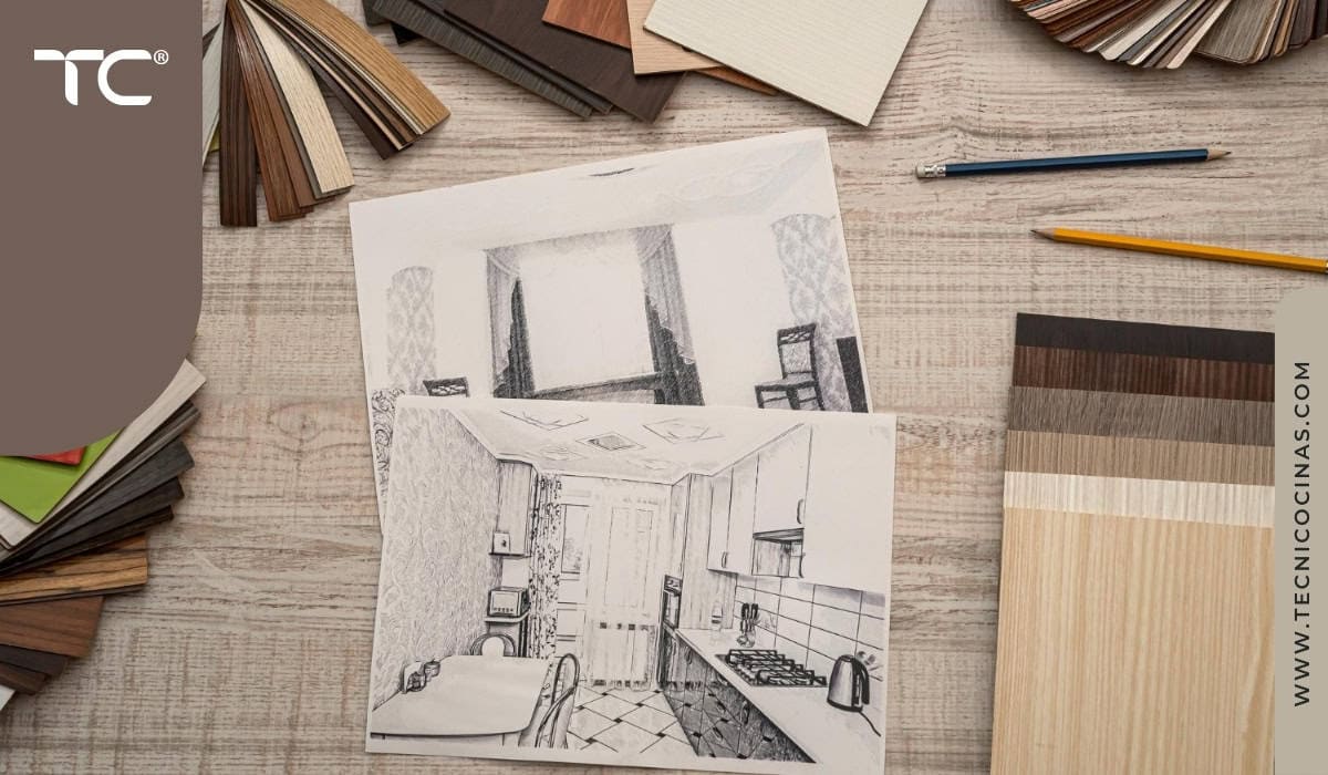 Bosquejos de una cocina con detalles de diseño y muestras de materiales