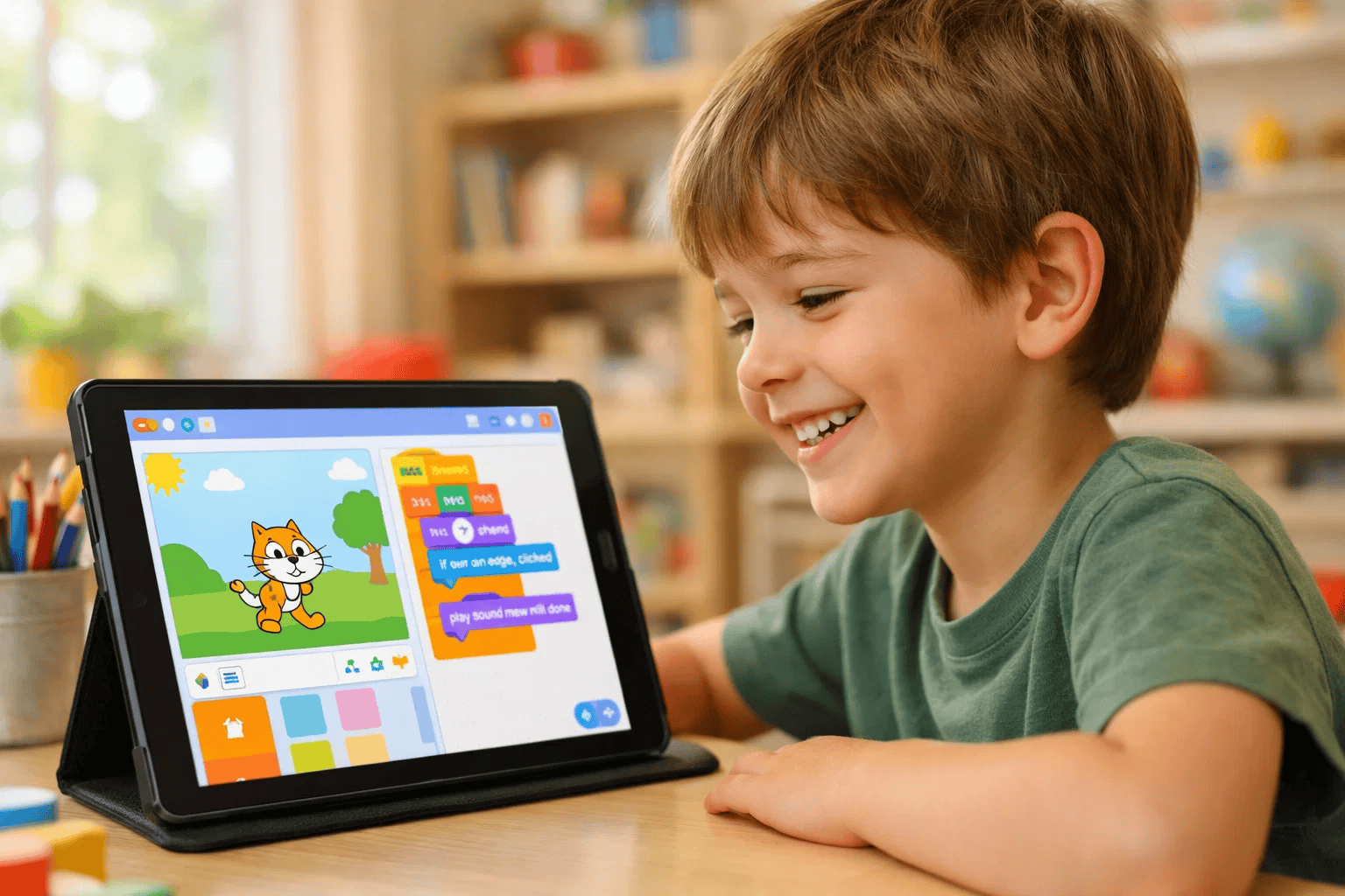 Young child learning Scratch block-based coding on a tablet, smiling at colourful project