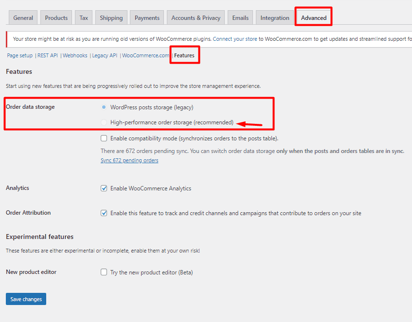 Select order data storage in WooCommerce settings advanced tab