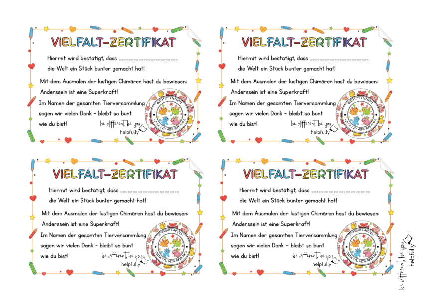 Kinder-Zertifikat für Vielfalt zum Ausdrucken, passend zum Tierbild Chamären