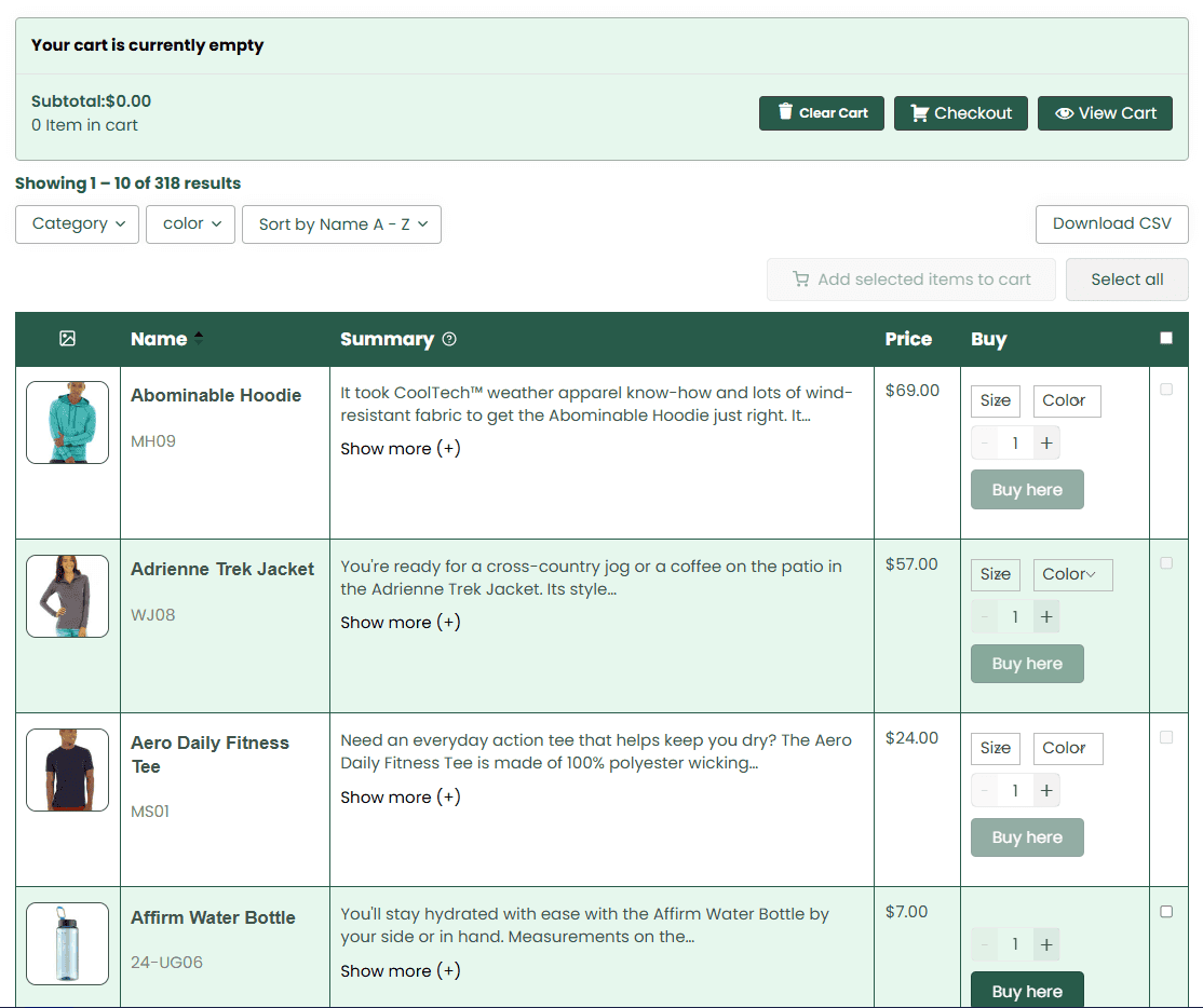 Clothes table layout