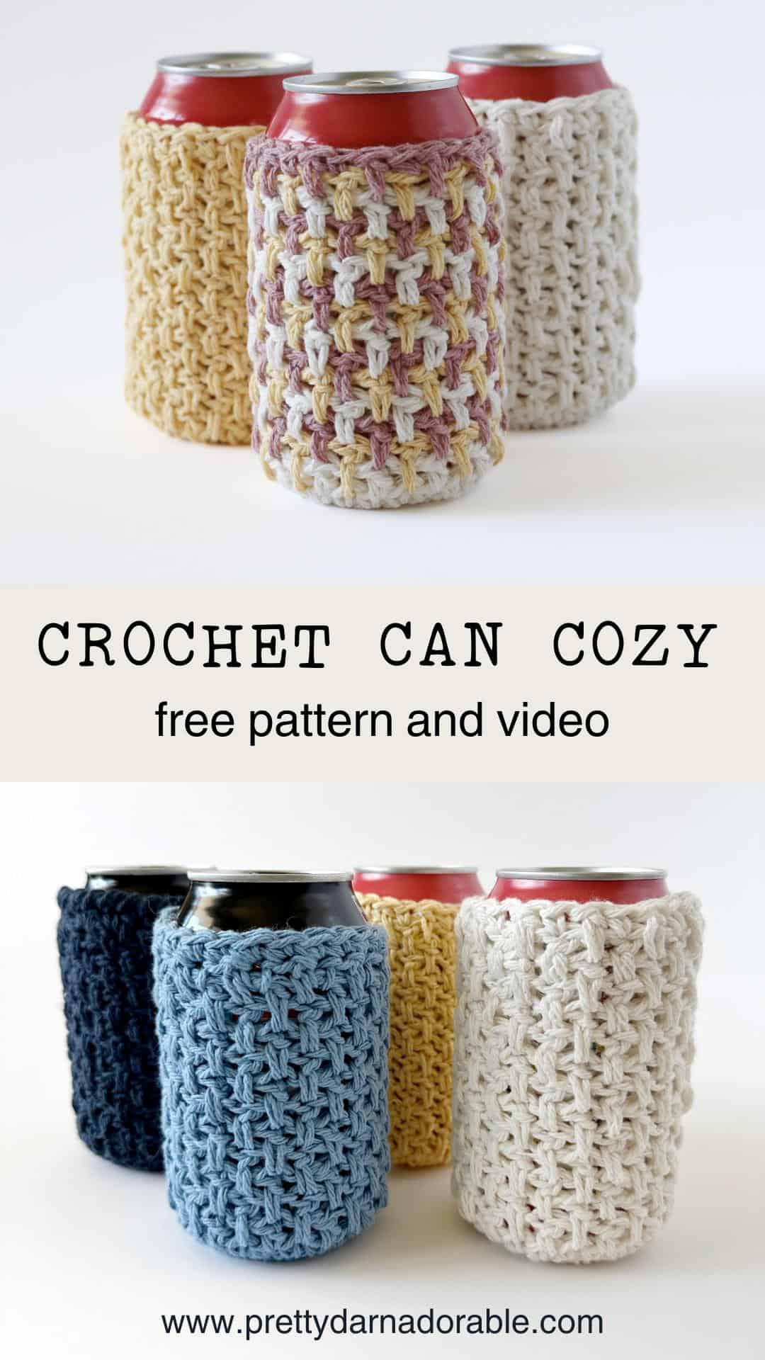 three crochet can cozies in pastel colours