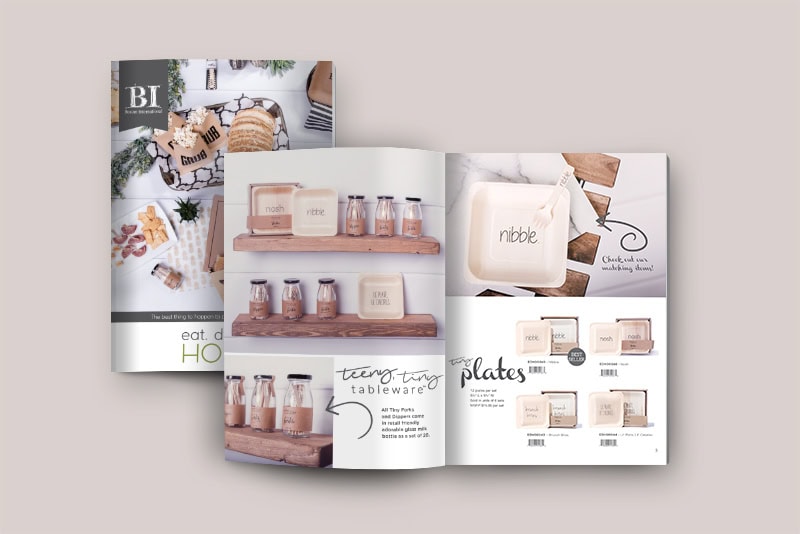 A product catalog designed by a marketing agency, showcasing tableware and lifestyle branding.